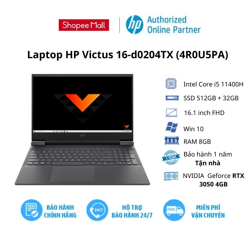 [ELHP15 giảm 15% max 3tr] Laptop HP Victus 16-d0204TX (4R0U5PA)/Core i5/RAM 8GB/ 512GB SSD/ RTX 3050 4GB/ 16.1''/Win11SL