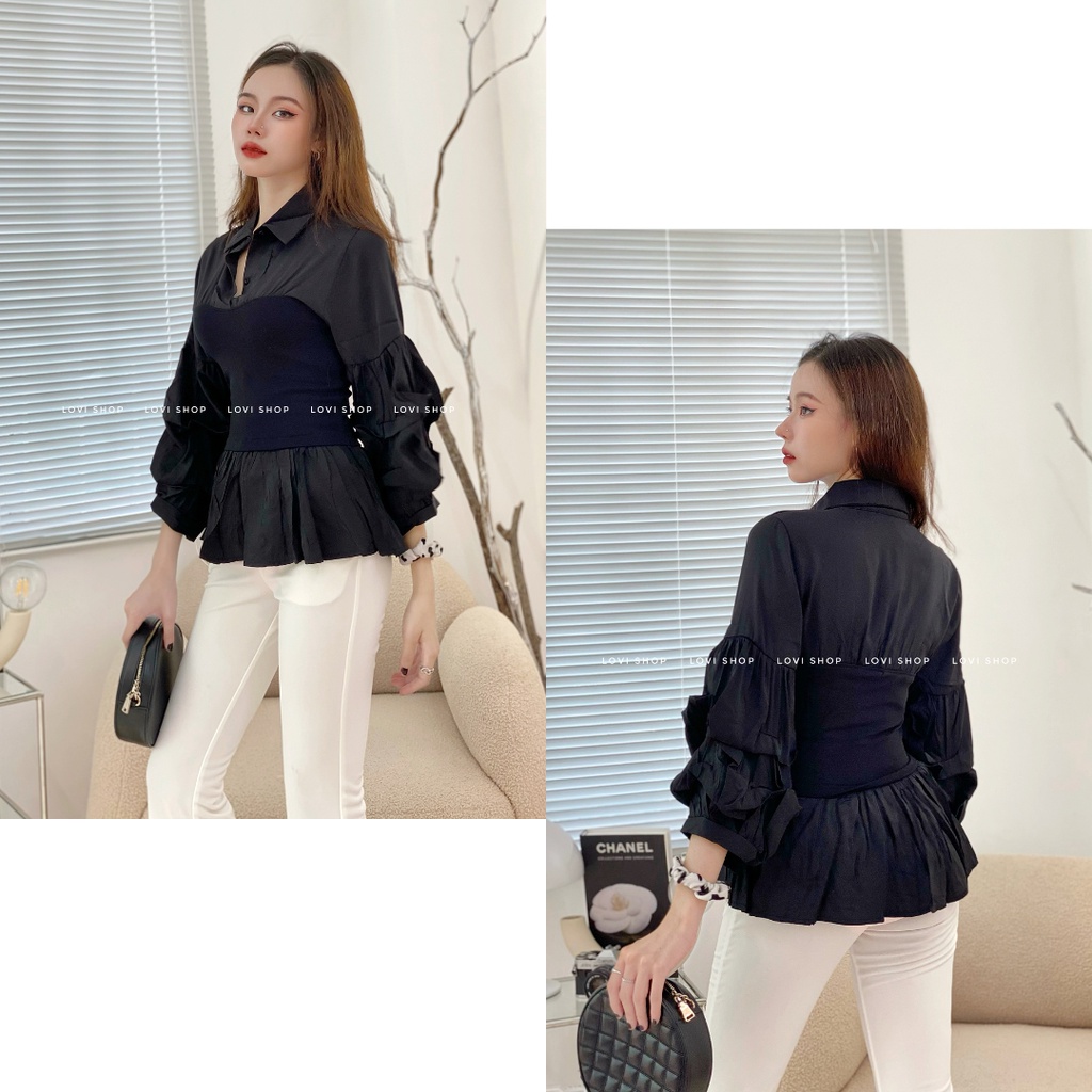 Áo sơ mi tay loe phối màu trắng đen sang chảnh Lovi