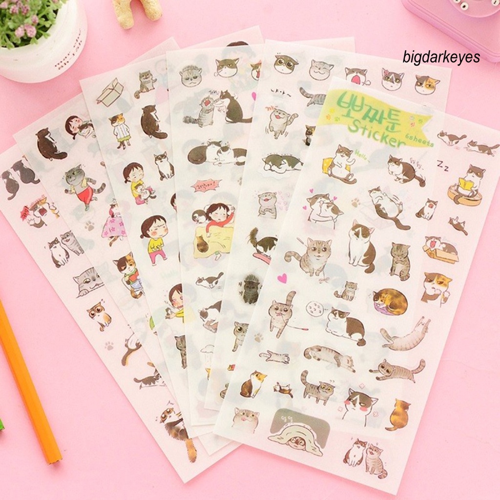 Set 6 Tấm Hình Dán Trong Suốt Họa Tiết Mèo Hoạt Hình Dễ Thương Dùng Để Trang Trí Nhật Ký / Sổ Tay