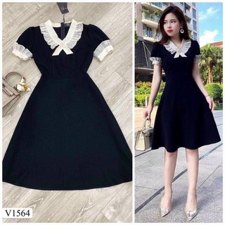 Đầm cổ bèo tay côn Umi phối voan Ảnh thật