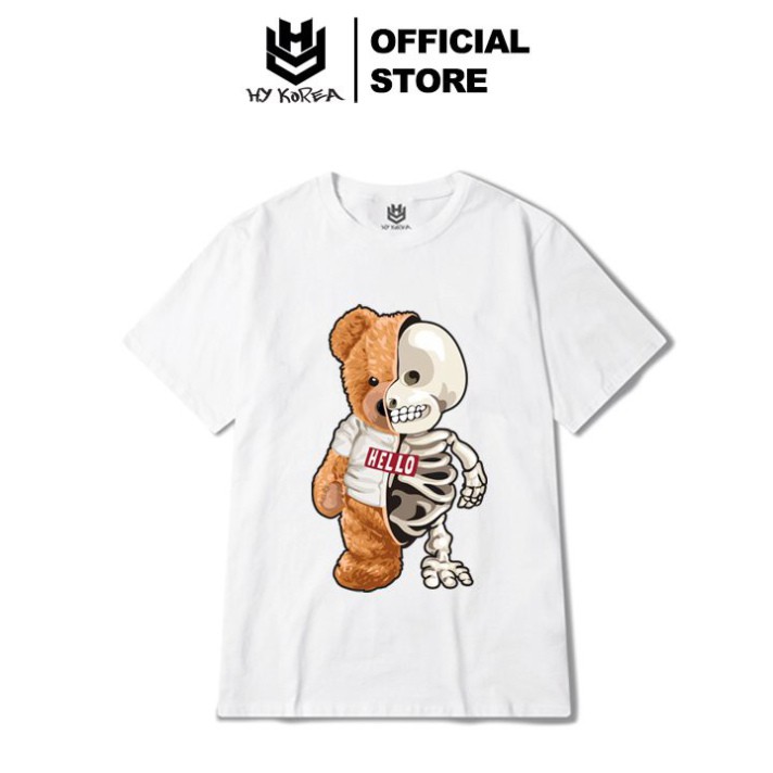 Áo Thun Tay Lỡ Form Rộng Cotton 100% Unisex In Hình Xương Gấu Hello 208 - HY Korea.