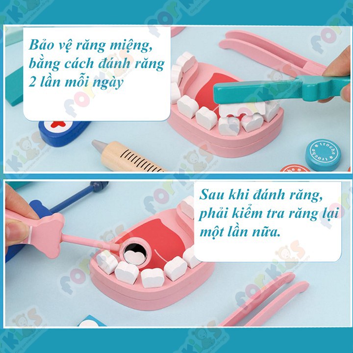 Đồ chơi bác sĩ gỗ khám răng, Đồ chơi bác sĩ nha khoa có túi vải cho trẻ em