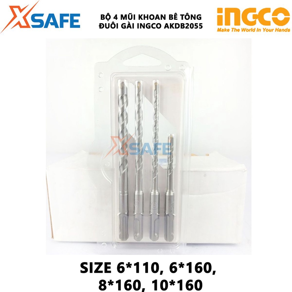 Bộ 4 mũi khoan bê tông đuôi gài INGCO AKDB2055 Bộ mũi khoan 4 chi tiết, đóng gói vỉ nhựa chắc chắn