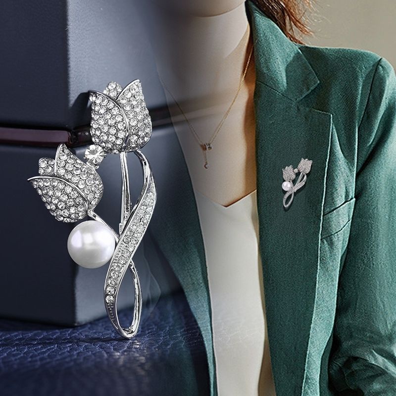 Ghim Cài Áo Hình Hoa Tulip Đính Ngọc Trai / Kim Loại Trang Nhã Thời Trang Cho Nữ