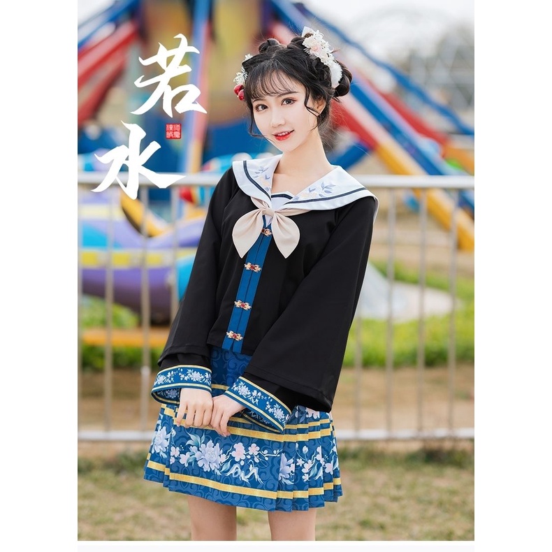 Trang phục học sinh Đồng phục JK hai mảnh của phụ nữ Yếu tố Trung Quốc Váy mặt ngựa Bộ quần áo hàng ngày thích hợp cho mùa xuân