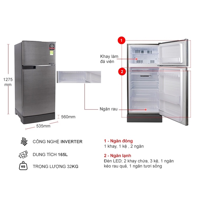 Tủ lạnh Sharp Inverter 165 lít SJ-X176E-DSS - Mới 100%