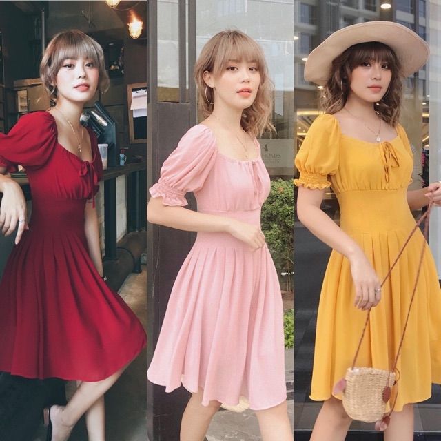 Đầm cổ U xếp li eo 3 màu