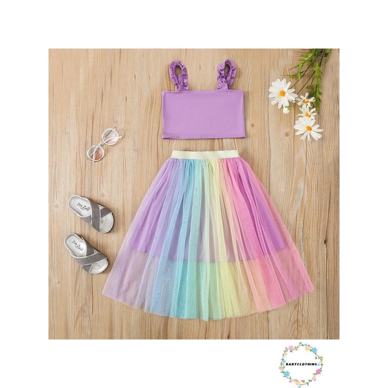 Babyclothes-áo Tanks + Chân Váy Lưới Lưng Thun Hình Hoa Hướng Dương / Cầu Vồng Phong Cách Ngọt Ngào Thời Trang Mùa Hè