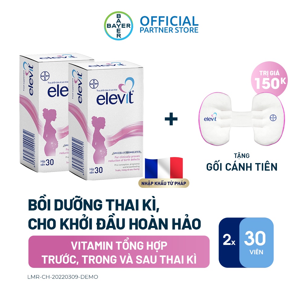 Bộ 2 Hộp Vitamin Bầu Tổng Hợp Elevit Cho Phụ Nữ Trước, Trong và Sau Thai Kỳ (30 Viên/ Hộp) + Tặng 1 Gối Cánh Tiên