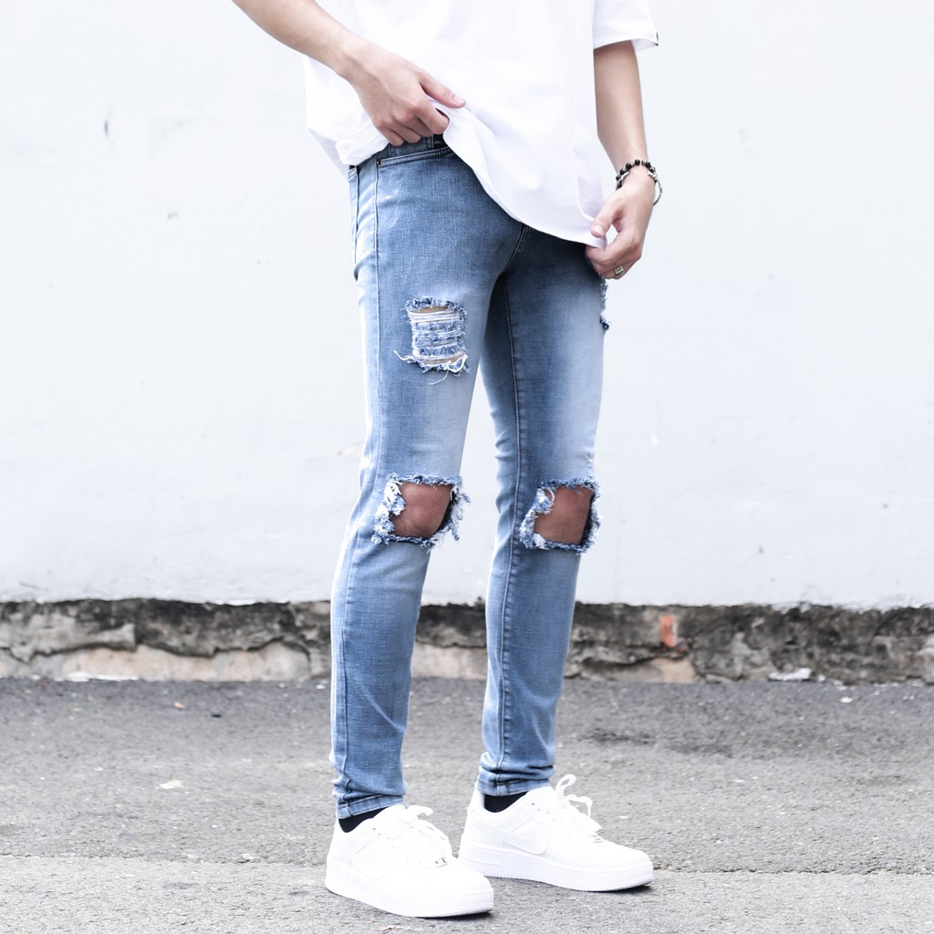 Quần Skinny Jeans Nam-Màu Xanh Nhạt-Rách Gối To-Chất Liệu Cotton Co Giãn-Ống Đứng Dáng-Ống Ôm Chân Chuẩn Skinny | BigBuy360 - bigbuy360.vn