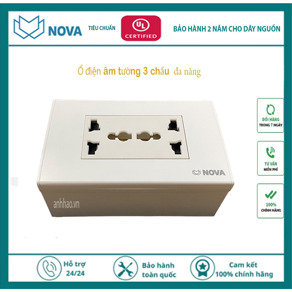 Hạt ổ điện đa năng, ổ cắm điện đôi 3 chấu lắp mặt NOVA
