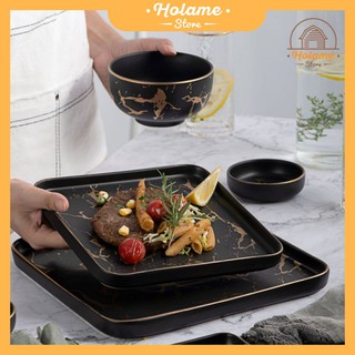 Đĩa sứ vuông vân đá cẩm thạch – màu đen kết hợp viền vàng – phong cách Bắc Âu sang trọng