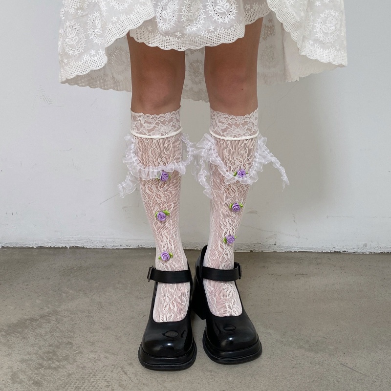 1 Đôi Tất Lưới Mỏng Phối Hoa Rỗng Thoáng Khí Phong Cách Lolita Nhật Bản Cho Nữ