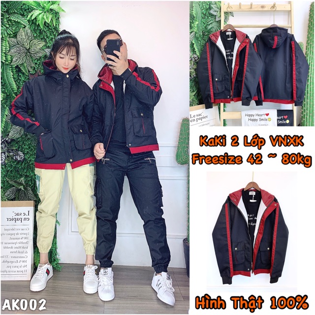 Áo Khoác Kaki Bomber Jackets 2 Lớp Form Rộng Unisex Couple TRƠN PHỐI MÀU ĐEN - AK1002