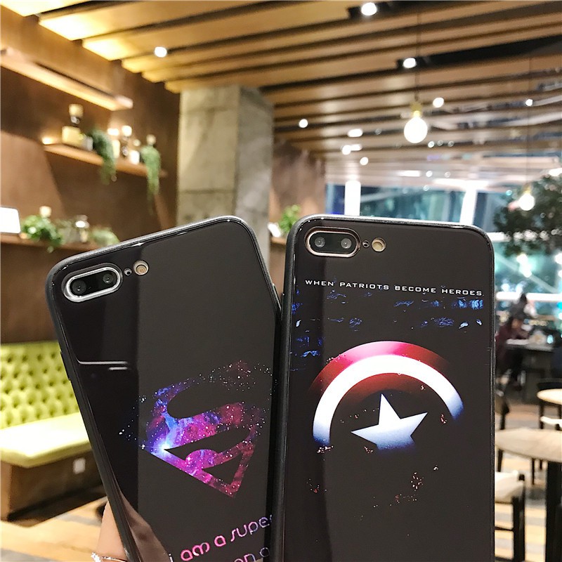 Ốp lưng đôi mặt lưng kính cường lực siêu anh hùng Captain và Superman 2 cho Iphone 6, 6plus, 7, 7plus, 8, 8plus, X