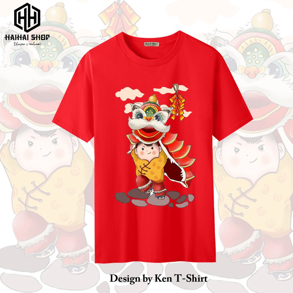 Áo Thun Tết Màu Đỏ In Hình Múa Lân Pháo Chính Hãng Ken T-shirt