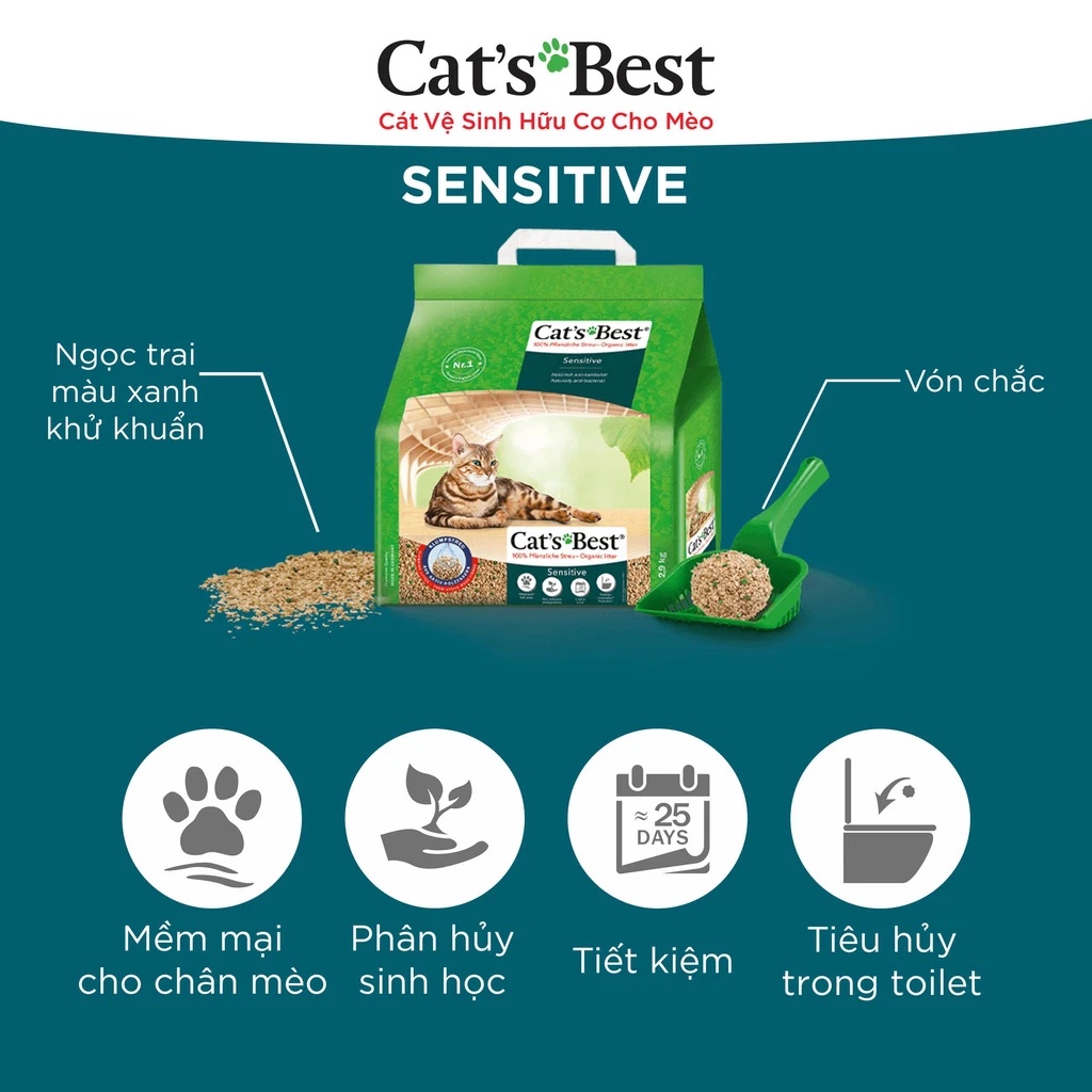 20L - Cát gỗ hữu cơ Sensitive Cat's Best vón cục, siêu thấm hút mùi và kháng khuẩn cho Mèo bao lớn tiết kiệm 7.2kg