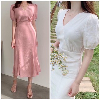 Đầm midi cổ V form dài 2 màu