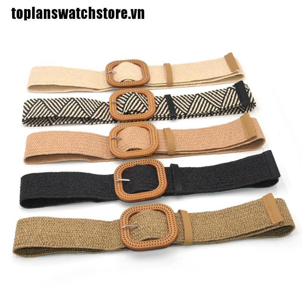 Thắt Lưng Đan Rơm Co Giãn Khóa Vuông Phong Cách Boho Cổ Điển Thời Trang Mùa Hè Cho Nữ