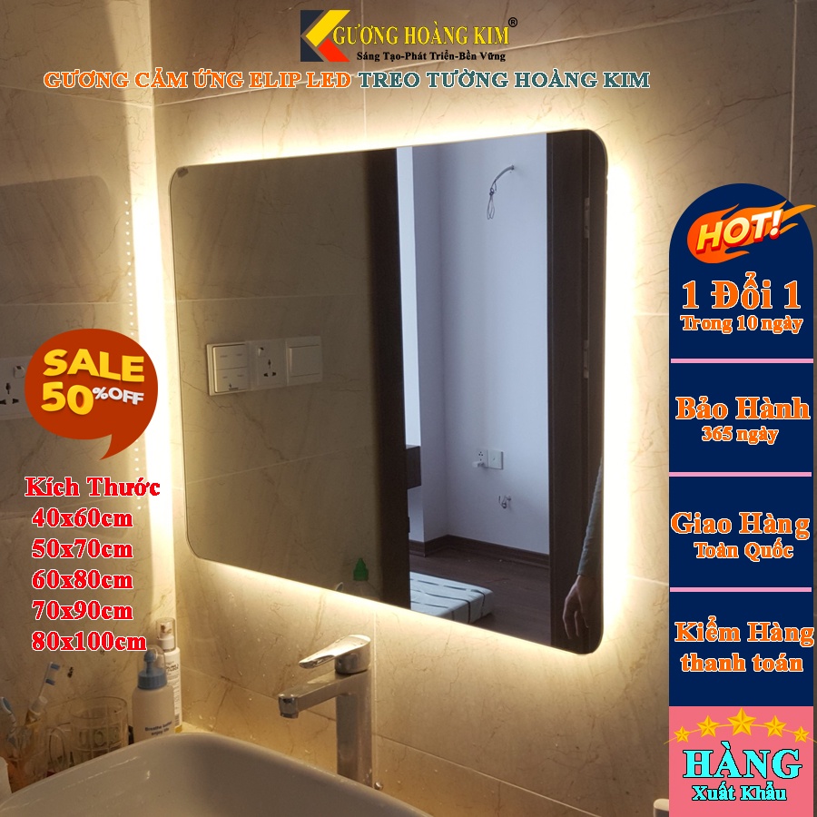 Gương led nhà tắm chữ nhật không viền vệ sinh trang điểm treo tương cảm ứng thông minh kích thước 70x90 cm- guonghoangk