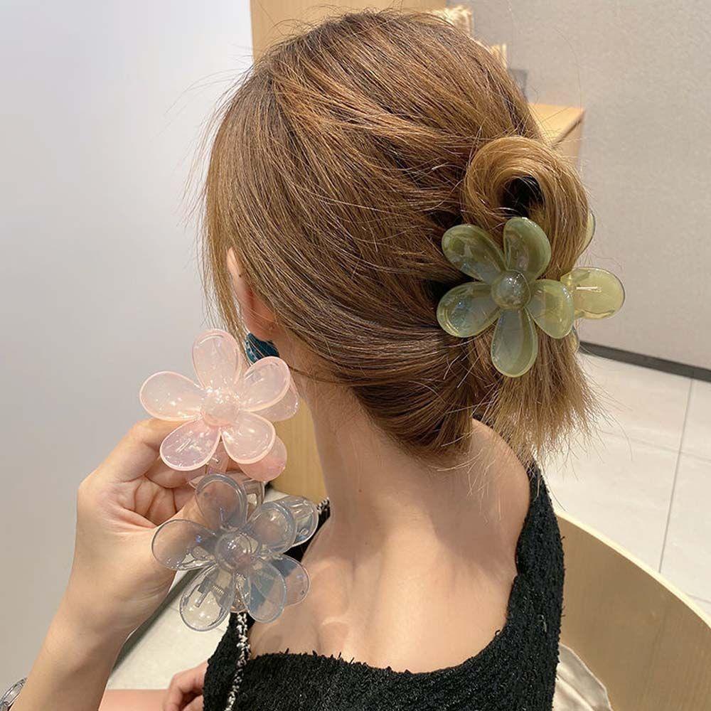 Kẹp Tóc Nhựa Acrylic Hình Hoa Màu Xám / Xanh Lá Trong Suốt Dễ Thương Cho Nữ