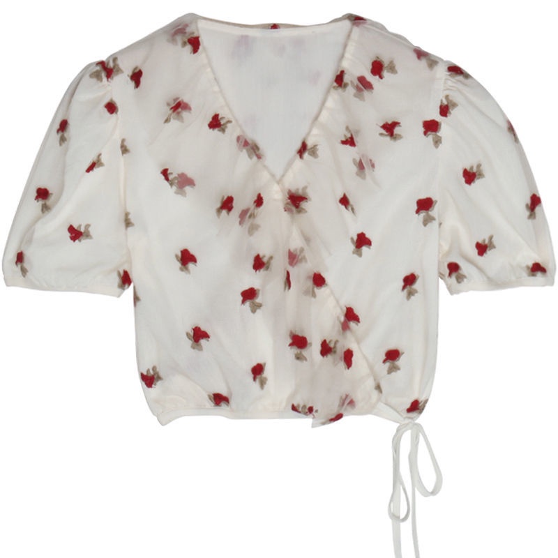 Áo Voan Tay Ngắn Phồng Cổ Chữ V Phối Lưới Thêu Họa Tiết Hoa Hồng Thời Trang Mùa Hè 2022 Cho Nữ