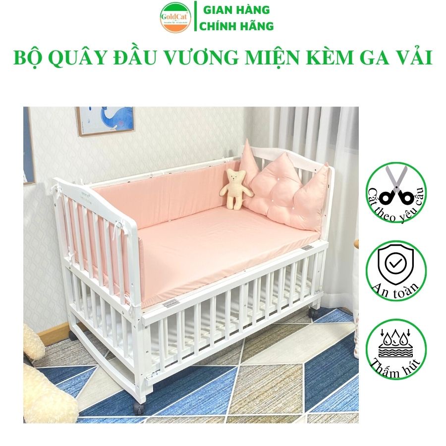 Bộ Quây Cũi Cho Bé Kèm Ga GOLDCAT QDVM Thiết Kế 1 Đầu Vương Miện, Chất Vải Thô Lụa Dùng Cho Mọi Loại Cũi