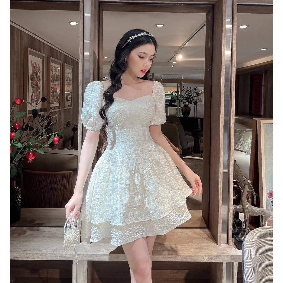 Váy trễ vai xốp hoa nổi 2 tầng dáng xòe MIVOSA VN100