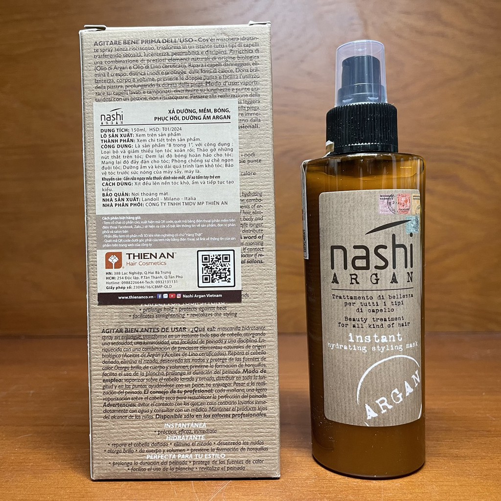 🇮🇹Nashi-Italia🇮🇹 Xịt dưỡng xả khô làm phồng tóc NASHI ARGAN HYDRATING STYLING MASK LEAVE IN 150ml