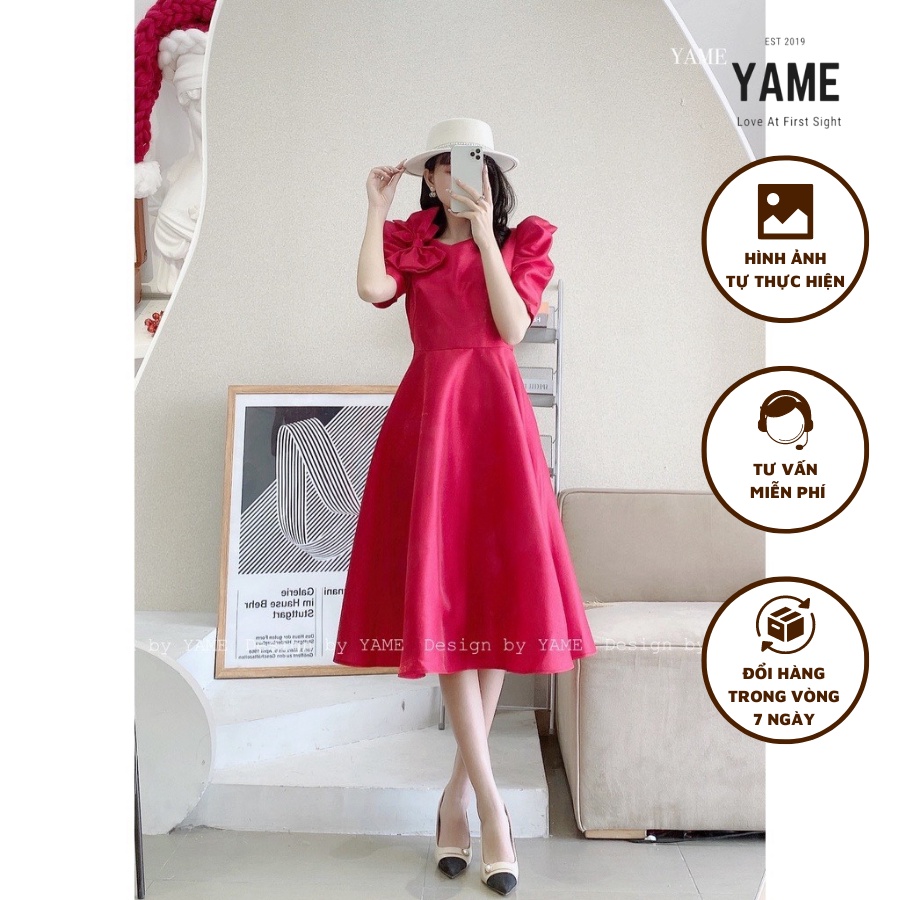 Váy đầm đỏ công chúa nơ vai kèm nơ đi tiệc bồng xoè tiểu thư chất tafta YAME 399