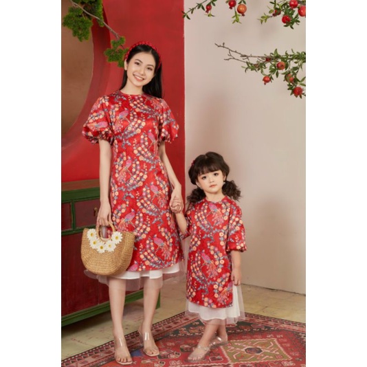 🥰 Sét áo dài  cách tân  gấm ép mẹ bé họa tiết đẹp sang chảnh hàng thiết kế cao cấp cam kết ảnh thật 100%