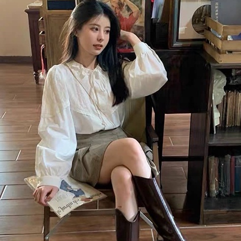 Áo kiểu hàn quốc, áo sơ mi cổ sen cúc bọc tiểu thư dáng lỡ hihishophaha