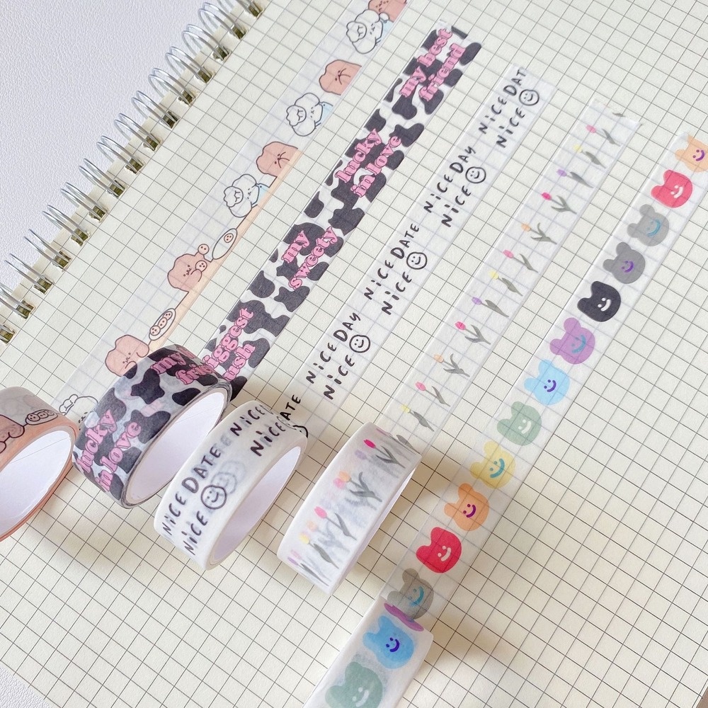 Cuộn băng giấy dán washi in hình gấu/ hoa tulip trang trí sổ tay dễ thương DIY