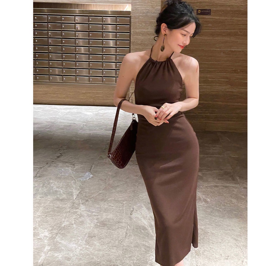 Đầm hai dây ôm eo nhiều màu đen / cà phê phong cách 2021 quyến rũ dành cho nữ
