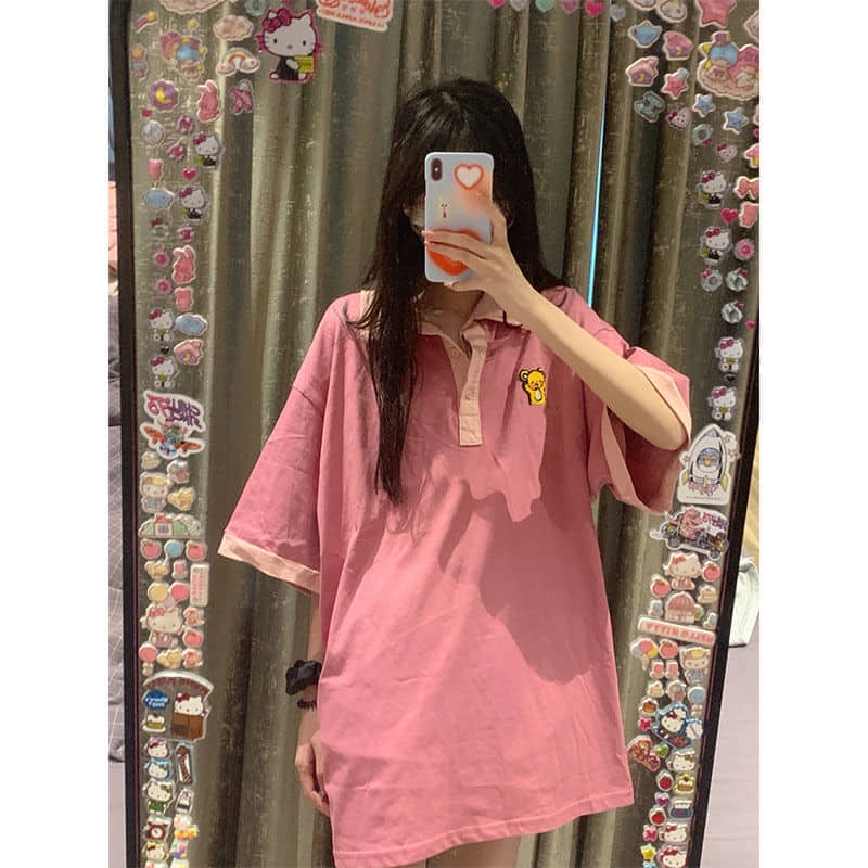 Áo thun polo nữ màu hồng xinh xắn dáng rộng tay lỡ mùa hè mẫu mới hình cute animal có size