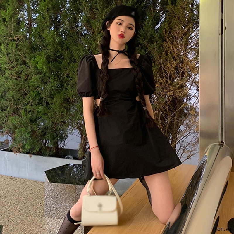 Đầm Mini Cổ Vuông Tay Phồng Màu Trơn Thời Trang Cho Nữ