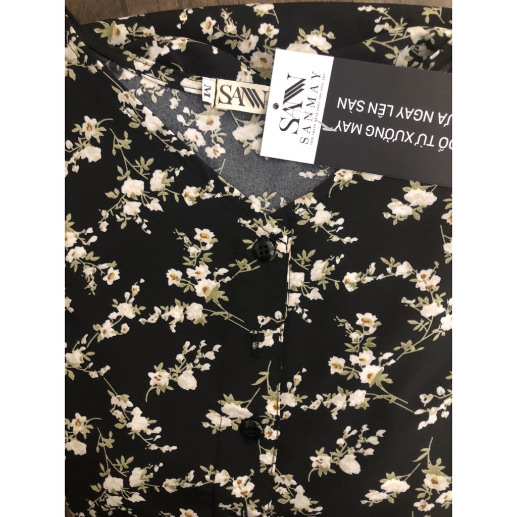 Váy hoa nhí vintage dáng dài, thiết kế dài tay cổ V dáng suông, chất vải lụa mền đẹp, màu đen SANMAY VD001 | BigBuy360 - bigbuy360.vn