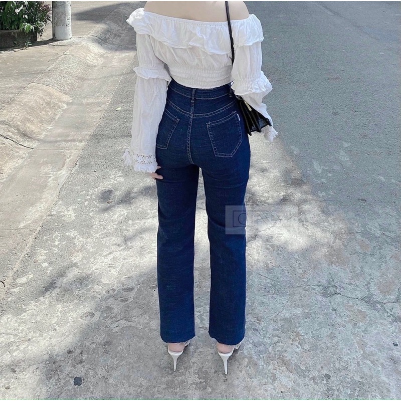 quần jean dài suông ống rộng Quần jeans dãn dáng xuông ống đứng màu xanh