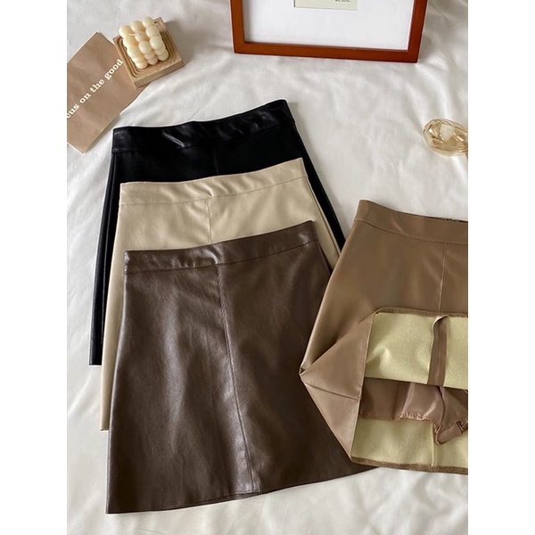 Chân váy da tông màu nâu vintage dáng chữ A dáng ngắn có quần trong đi làm đi chơi du lịch