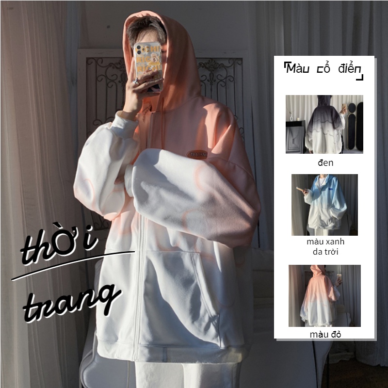 Áo khoác bóng chày có mũ trùm đầu màu gradient phong cách Hàn Quốc thời trang mùa thu cho nam nữ dây kéo cặp đôi jacket size S-3XL unisex bigsize form rộng hoodie