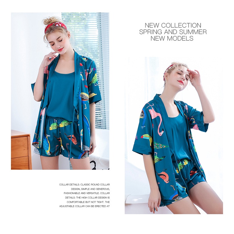 Bộ Ngủ Pijama Kimono Lụa Ngắn kèm đồ ngủ Hai Dây ❤️Chim Vẹt IVY201