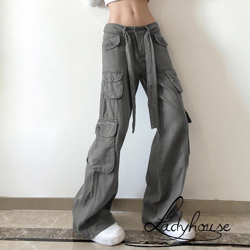 Quần Dài Lưng Thấp Ống Rộng Màu Trơn Phối Nhiều Túi Thời Trang Mùa Thu Cho Nữ