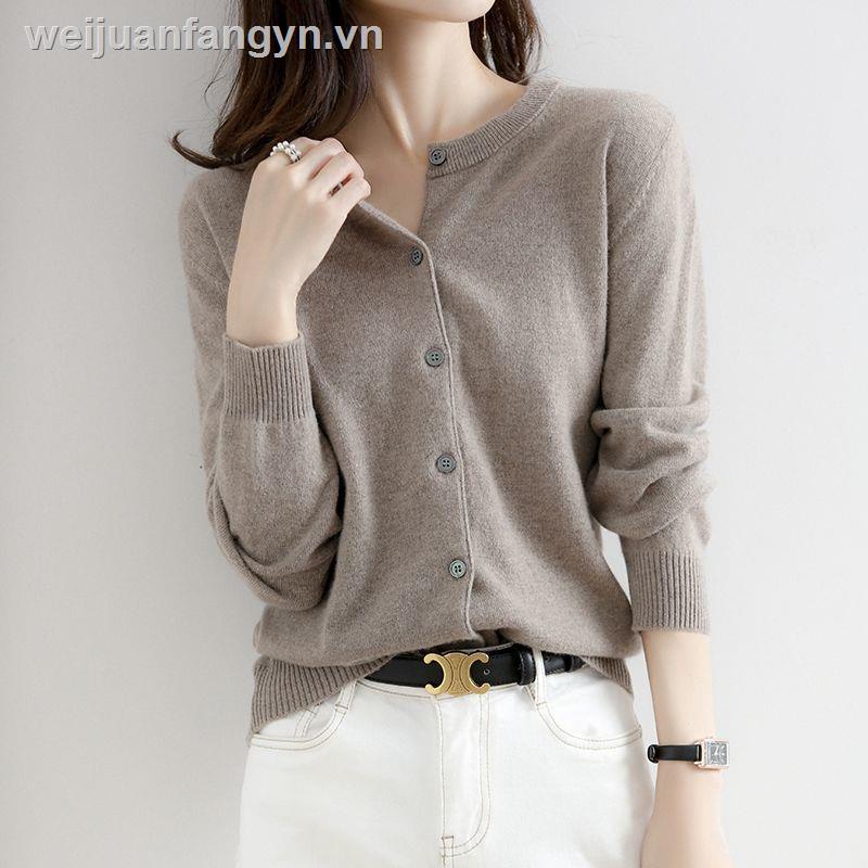 Áo Cardigan Dệt Kim Tay Dài Cổ Tròn Dáng Rộng Thoáng Khí Màu Trơn Thời Trang
