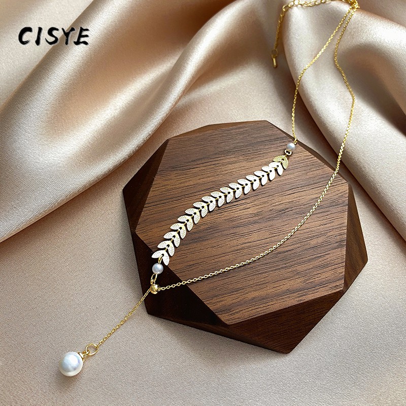 Dây chuyền thiết kế hình lá lúa mì phối mặt đính hạt ngọc trai nhân tạo có thể điều chỉnh thời trang cho nữ