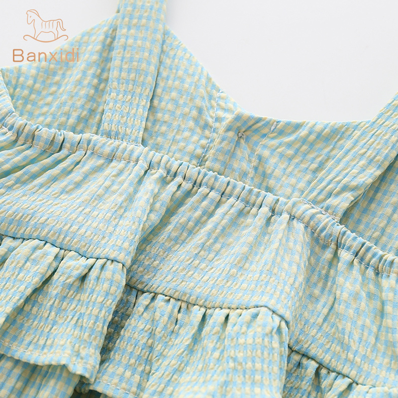 Set Áo Liền Quần Caro Kèm Băng Đô Xinh Xắn Cho Bé Gái