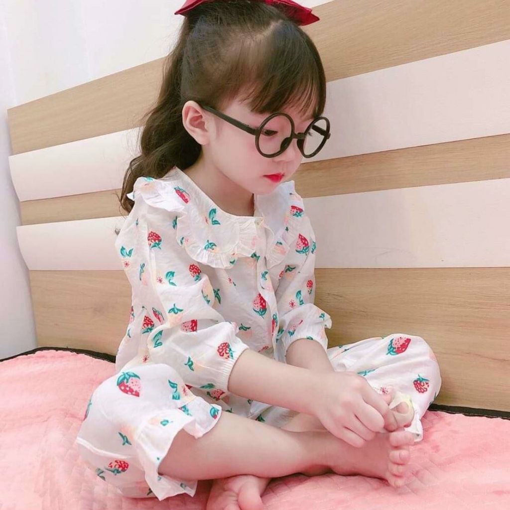 Đồ bộ Pijama bé gái kiểu dáng bánh bèo chất vải đũi họa tiết dễ thương (10-22kg) - Hirokids