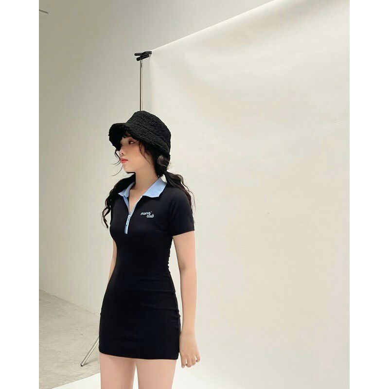 Đầm polo dây kéo cổ trụ phối màu ngắn tay dáng ôm body chữ thêu phong cách dễ thương chuẩn dáng - Mã: 607 TV-FASHION