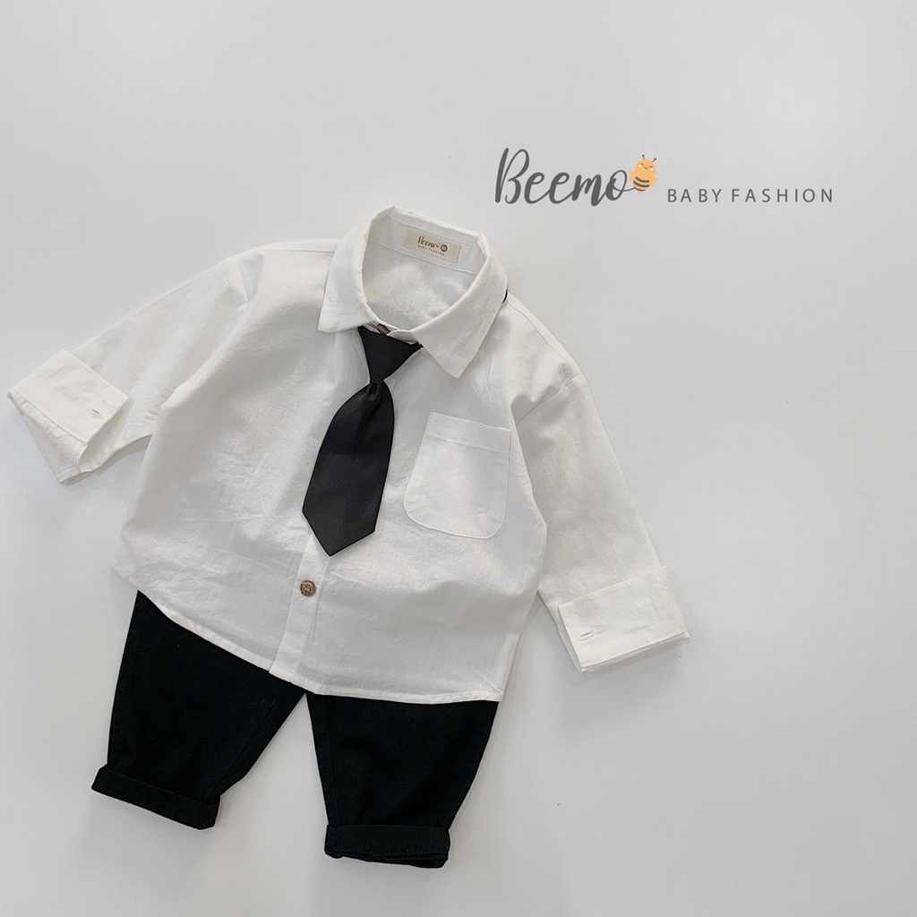 Set sơ mi kèm cavart cho bé trai Beemo, Chất liệu thô Hàn, quần kaki mềm mại B108