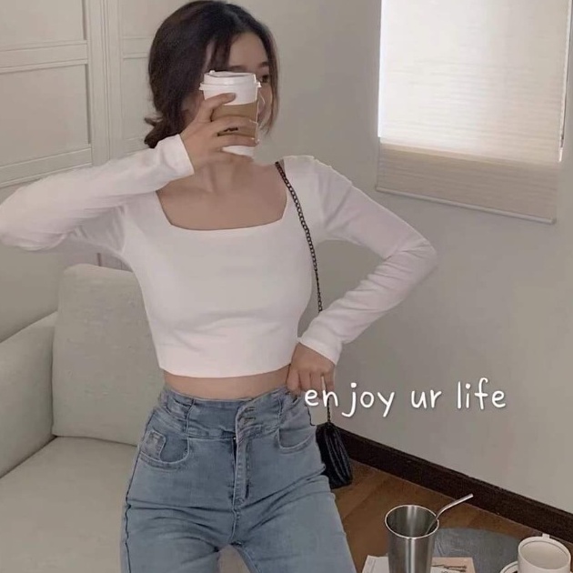 Áo croptop nữ tay dài ôm body cổ vuông H&T, Croptop Nữ dài tay cổ vuông, Áo crt nữ siêu ôm dáng
