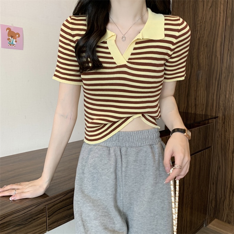 SUXI Áo Croptop Dệt Kim Mỏng Tay Ngắn Kẻ Sọc Thời Trang Mùa Hè Cho Nữ